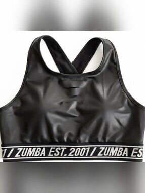 Zumba WEAR Black Faux Leather-Look Cutout Sports Bra with Branded Band SIZE M